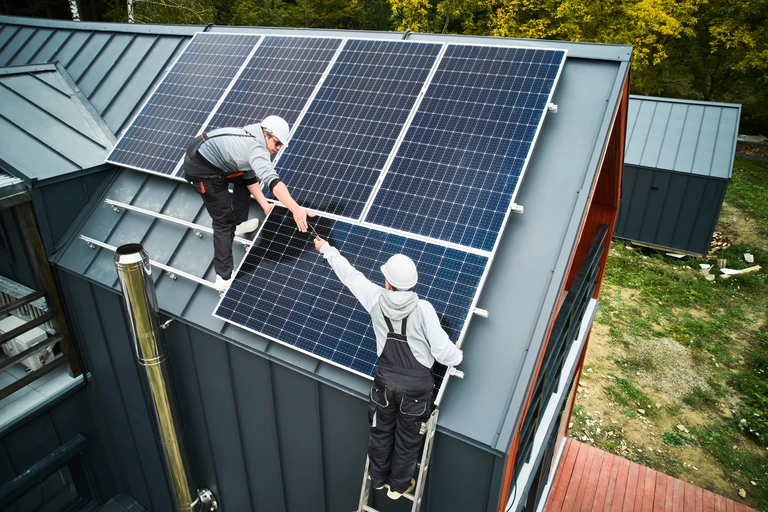 Dos técnicos instalando paneles solares fotovoltaicos en el tejado de una vivienda